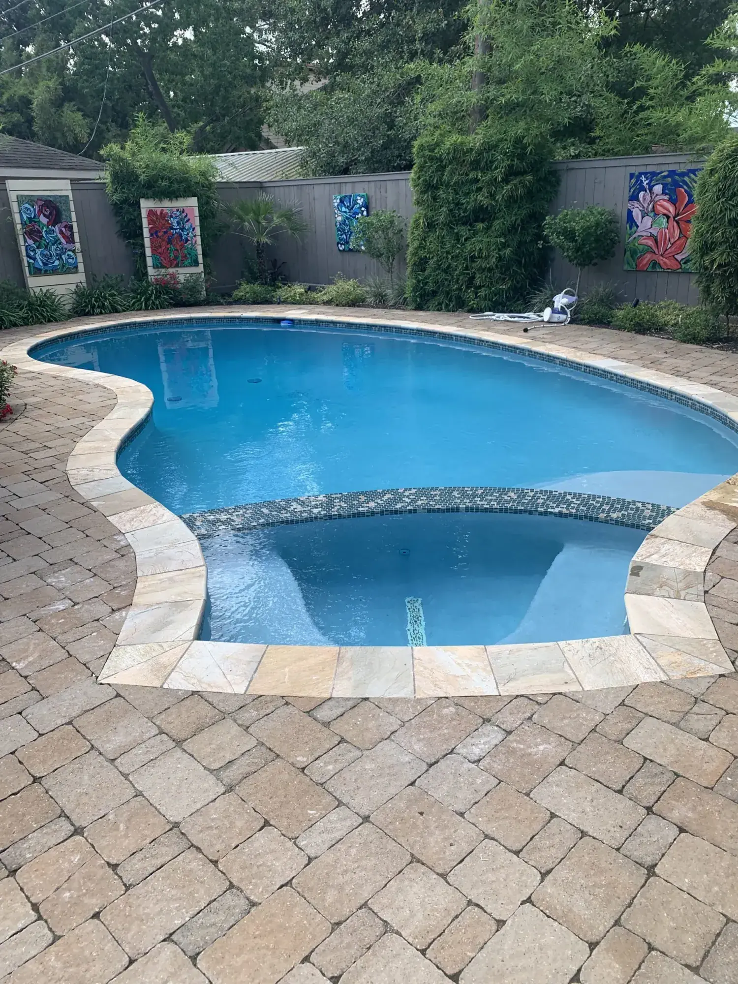 A renovated Houston pool with fresh plaster, new tile, and updated decking by Venture Pool Company